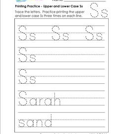 printing practice - upper and lower case Ss - handwriting practice for kindergarten