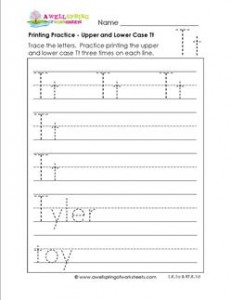 printing practice - upper and lower case Tt - handwriting practice for kindergarten