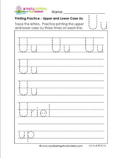 printing practice - upper and lower case Uu - handwriting practice for kindergarten