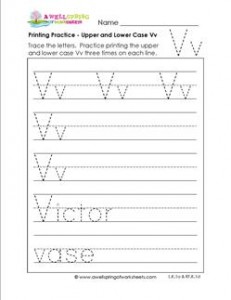 printing practice - upper and lower case Vv - handwriting practice for kindergarten