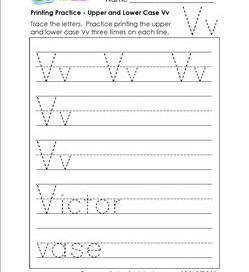 printing practice - upper and lower case Vv - handwriting practice for kindergarten