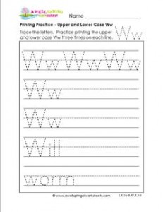 printing practice - upper and lower case Ww - handwriting practice for kindergarten