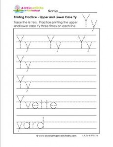 printing practice - upper and lower case Yy - handwriting practice for kindergarten