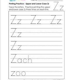 printing practice - upper and lower case Zz - handwriting practice for kindergarten