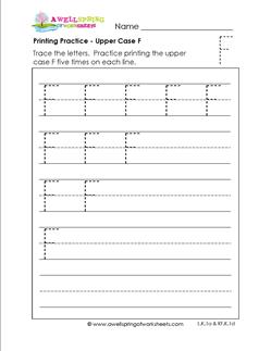 printing practice - upper case f - handwriting practice for kindergarten