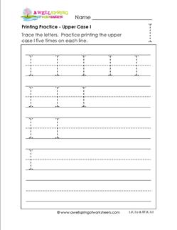 printing practice - upper case I - handwriting practice for kindergarten
