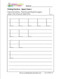 printing practice - upper case L - handwriting practice for kindergarten