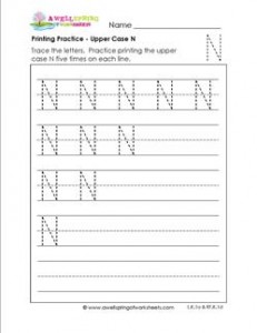 printing practice - upper case N - handwriting practice for kindergarten