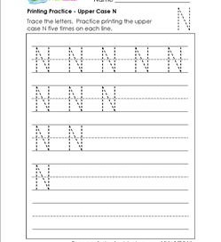 printing practice - upper case N - handwriting practice for kindergarten