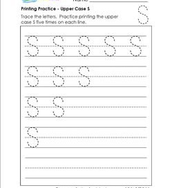 printing practice - upper case S - handwriting practice for kindergarten