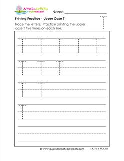 printing practice - upper case t - handwriting practice for kindergarten