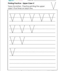 printing practice - upper case v - handwriting practice for kindergarten