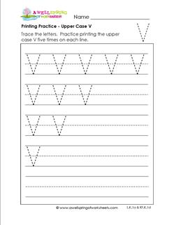 printing practice - upper case v - handwriting practice for kindergarten