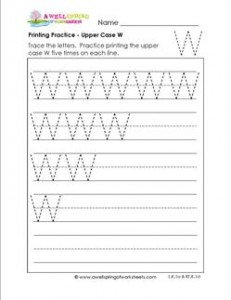 printing practice - upper case w - handwriting practice for kindergarten