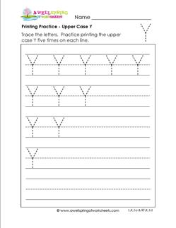 printing practice - upper case y - handwriting practice for kindergarten