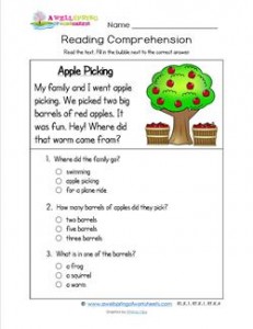 reading for kindergarten apple picking 231x300 - Kindergarten Comprehension Worksheets