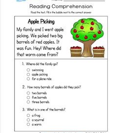 Reading for Kindergarten - Apple Picking. Three multiple choice questions.