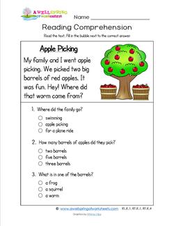 Reading for Kindergarten - Apple Picking. Three multiple choice questions.
