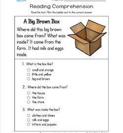 Reading for Kindergarten - A Big Brown Box. Three multiple choice questions.