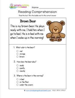 Reading for Kindergarten - Brown Bear. A reading comprehension page with three multiple choice questions.