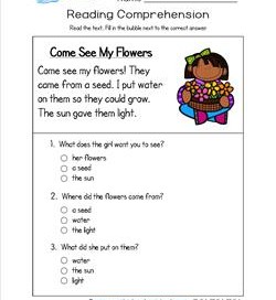 Reading for Kindergarten - Come See My Flowers. A reading comprehension worksheet with three multiple choice questions.