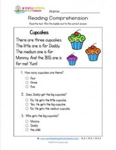 Reading for Kindergarten - Cupcakes. Reading comprehension worksheets with three multiple choice questions.