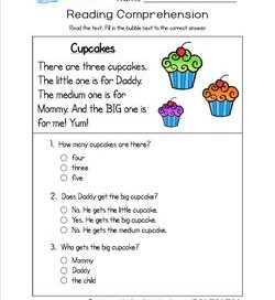 Reading for Kindergarten - Cupcakes. Reading comprehension worksheets with three multiple choice questions.