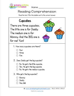 Reading for Kindergarten - Cupcakes. Reading comprehension worksheets with three multiple choice questions.