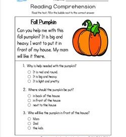Reading for Kindergarten - Fall Pumpkin. Reading comprehension worksheets with three multiple choice questions.