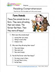 Reading for Kindergarten - Farm Animals. Reading comprehension worksheets with three multiple choice questions.