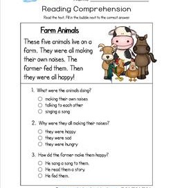 Reading for Kindergarten - Farm Animals. Reading comprehension worksheets with three multiple choice questions.