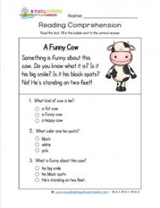 Reading for Kindergarten - A Funny Cow. Reading comprehension worksheets with three multiple choice questions.
