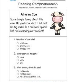 Reading for Kindergarten - A Funny Cow. Reading comprehension worksheets with three multiple choice questions.