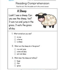 Reading for Kindergarten - A Sheep. Reading comprehension worksheets with three multiple choice questions.