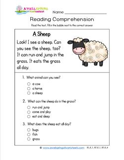 Reading for Kindergarten - A Sheep. Reading comprehension worksheets with three multiple choice questions.