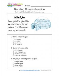 Reading for Kindergarten - In the Igloo. Reading comprehension worksheets with three multiple choice questions.