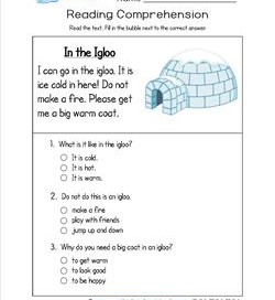 Reading for Kindergarten - In the Igloo. Reading comprehension worksheets with three multiple choice questions.
