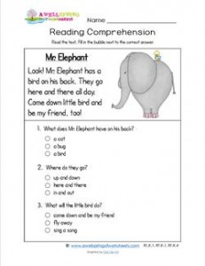 Reading for Kindergarten - Mr. Elephant. Reading comprehension worksheets with three multiple choice questions.