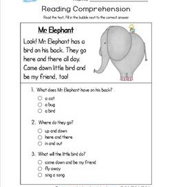 Reading for Kindergarten - Mr. Elephant. Reading comprehension worksheets with three multiple choice questions.