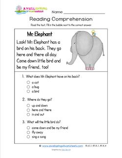 Reading for Kindergarten - Mr. Elephant. Reading comprehension worksheets with three multiple choice questions.