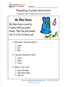 Reading for Kindergarten - My Blue Dress. Reading comprehension worksheets with three multiple choice questions.