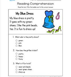 Reading for Kindergarten - My Blue Dress. Reading comprehension worksheets with three multiple choice questions.