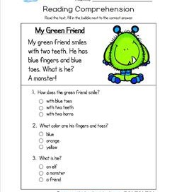 Reading for Kindergarten - My Green Friend. Reading comprehension worksheets with three multiple choice questions.