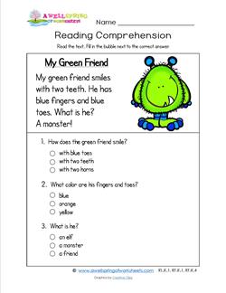 Reading for Kindergarten - My Green Friend. Reading comprehension worksheets with three multiple choice questions.
