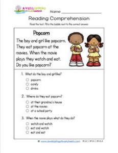 Reading for Kindergarten - Popcorn. Reading comprehension worksheets with three multiple choice questions.