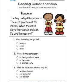 Reading for Kindergarten - Popcorn. Reading comprehension worksheets with three multiple choice questions.