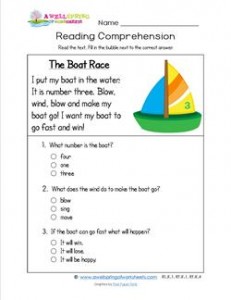 Reading for Kindergarten - The Boat Race. Reading comprehension worksheets with three multiple choice questions.