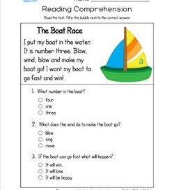 Reading for Kindergarten - The Boat Race. Reading comprehension worksheets with three multiple choice questions.