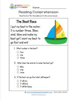 Reading for Kindergarten - The Boat Race. Reading comprehension worksheets with three multiple choice questions.