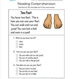 Reading for Kindergarten - Two Feet. Reading comprehension worksheets with three multiple choice questions.